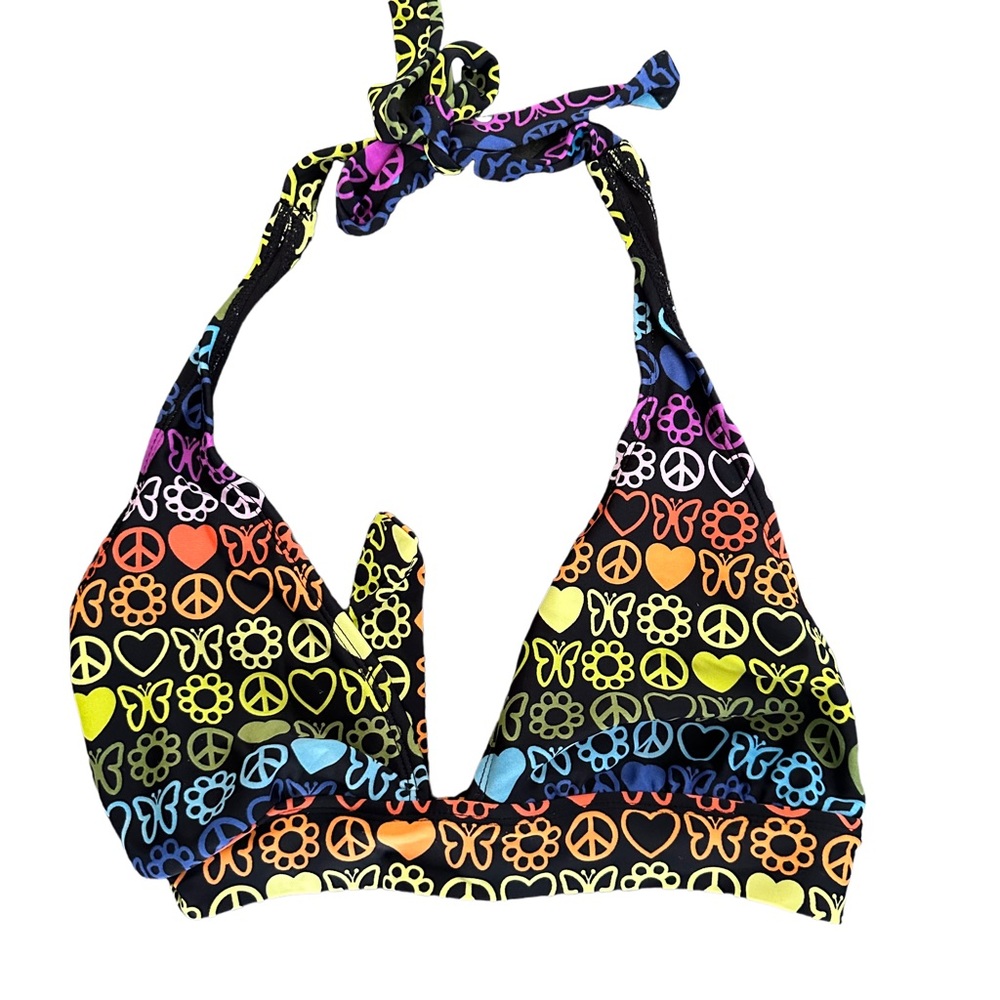 Y2K Arizona Psychedelic All Over Multicolored Peace & Hearts Bikini Top Size M
